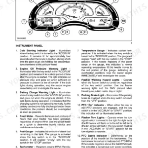 Case IH DX23, DX26 instrument panel diagram and indicator light descriptions for gauges, PTO, and warning lights.