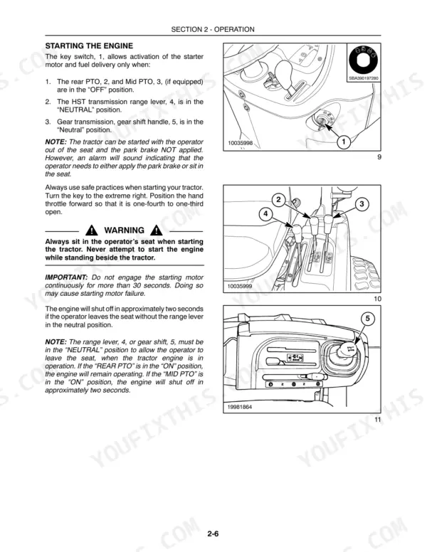 Case IH DX23, DX26 engine starting procedure, key switch, PTO, and transmission range lever control diagrams.