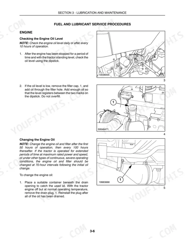 Case IH DX23, DX26 engine oil level check, filler cap location, and oil drain plug removal service procedures.