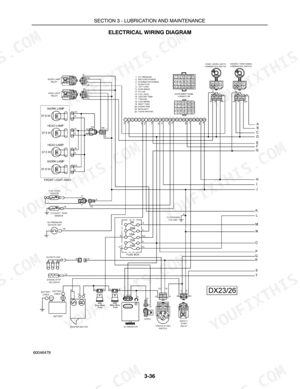 Case IH DX23, DX26 electrical wiring diagram showing fuse box, instrument panel connector, lights, and engine components.