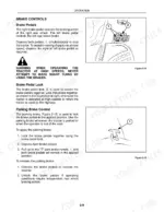 Case IH DX25, DX29, DX33 brake pedal controls, pedal lock, and parking brake operation instructions with diagrams.