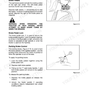Case IH DX25, DX29, DX33 brake pedal controls, pedal lock, and parking brake operation instructions with diagrams.