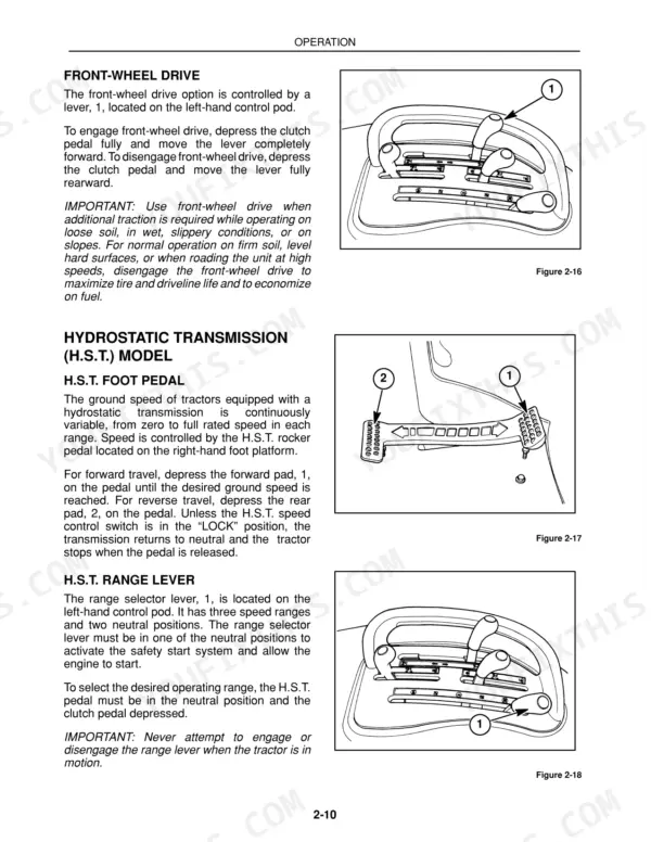 Case IH DX25, DX29, DX33 operations: front-wheel drive lever, hydrostatic transmission foot pedal, and range lever controls.