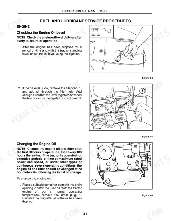 Case IH DX25, DX29, DX33 engine oil level check, filler cap location, and oil drain plug removal procedures.