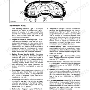 Case IH DX29, DX33 Tractors instrument panel diagram and component descriptions for gauges and warning lights.