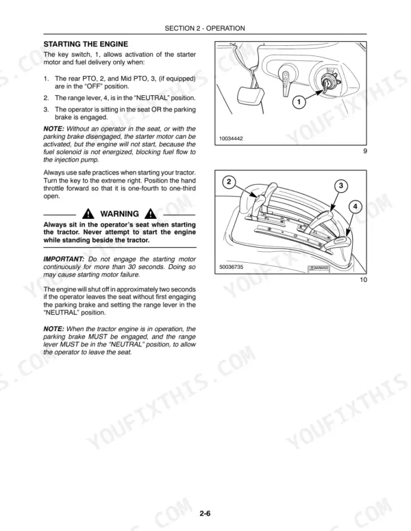 Case IH DX29, DX33 Tractors engine starting procedure, key switch, PTO, and range lever control diagrams.