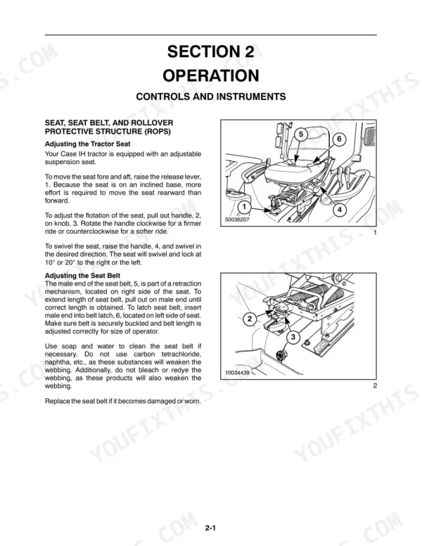 Case IH DX29, DX33 Tractors: Seat, seat belt, and ROPS adjustment procedures with component diagrams.