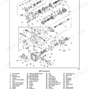 Case IH DX29, DX33 hydrostatic transmission exploded view diagram showing pump, motor, and charge pump components.
