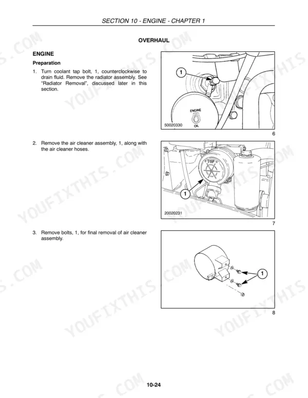 Case IH DX29, DX33 engine overhaul procedures: coolant tap, air cleaner assembly removal, and mounting bolt diagrams.