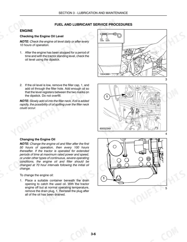 Case IH DX31, DX34 Tractors engine oil level check and oil change procedures with dipstick and drain plug diagrams.