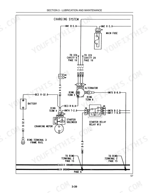 Case IH DX31, DX34 Tractors charging system wiring diagram showing battery, alternator, starter solenoid, and relay.