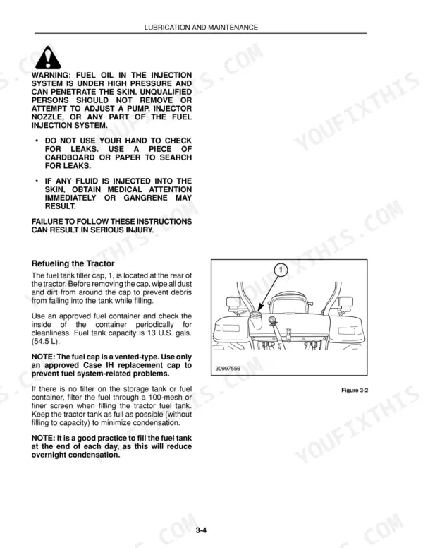 Case IH DX35, DX40, DX45, D35, D40, D45 fuel injection safety warnings and tractor refueling procedures diagram.