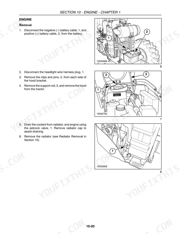 Case IH DX48, DX55 engine removal procedure: battery, hood, and radiator coolant draining steps with component diagrams.