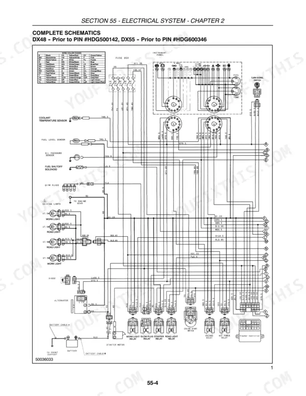 Case IH DX48, DX55 electrical system wiring schematic showing fuse box, instrument panel, sensors, and relays.