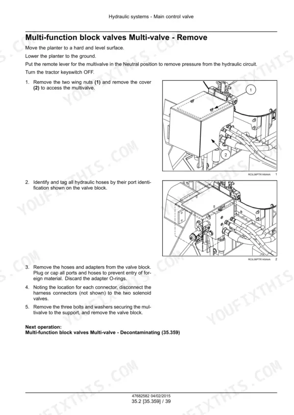 Case IH Early Riser 1225 procedure for removing the multi-function block valve with diagrams of the valve cover and assembly.