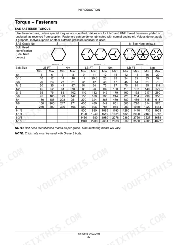 Case IH Early Riser 1225 SAE fastener torque specification table for grades 2, 5, and 8 bolts with head identification marks.