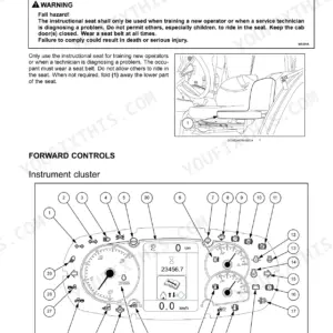 Case IH Farmall 115C instructor seat safety instructions and instrument cluster controls diagram with numbered indicators.