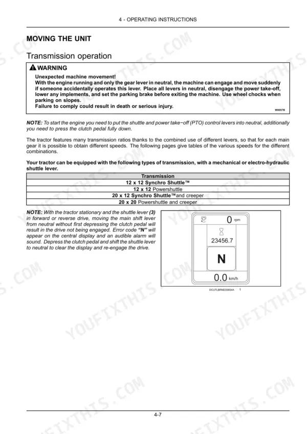 Case IH Farmall 115C transmission operation instructions, shuttle lever types table, and neutral display diagram.