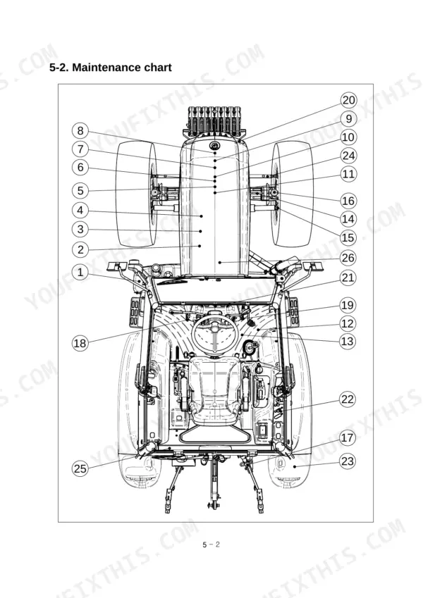 Case IH FARMALL 60B maintenance chart diagram showing numbered lubrication and service points on the tractor chassis.