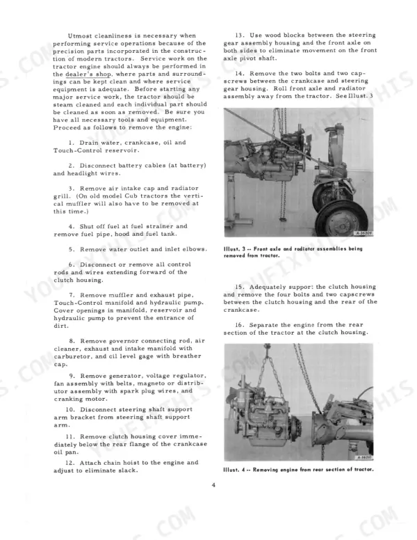 Case IH Farmall Cub Tractor service manual page showing engine removal and front axle separation procedures.