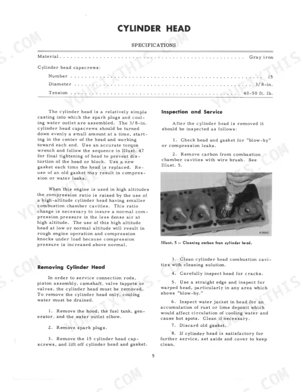 Case IH Farmall Cub Tractor cylinder head specifications, removal procedures, and carbon cleaning service instructions.