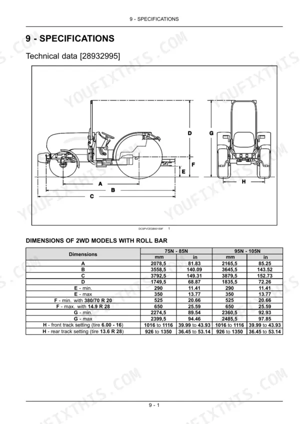Case IH Farmall 75N–105N 2WD tractor dimensions diagram and specifications table.