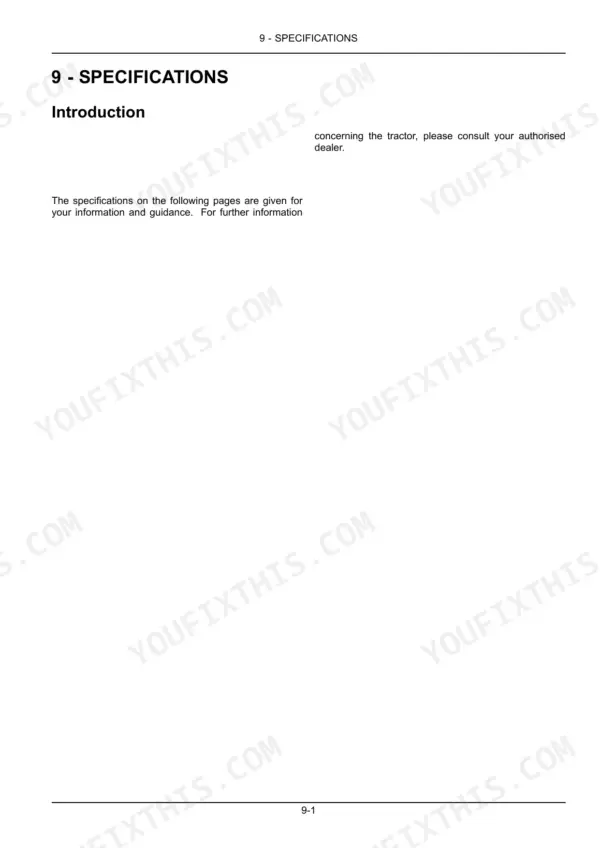 Case IH Farmall 85A, 95A, 105A, 115A operator manual introduction page for the specifications section 9.