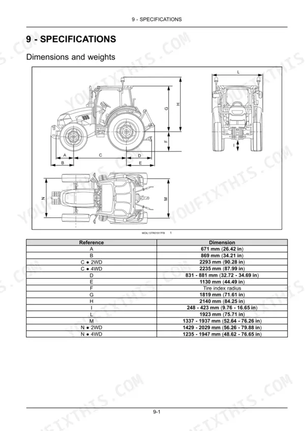 Case IH FARMALL 75C-115C tractor dimensions and weights diagram with reference table for A-N measurements.