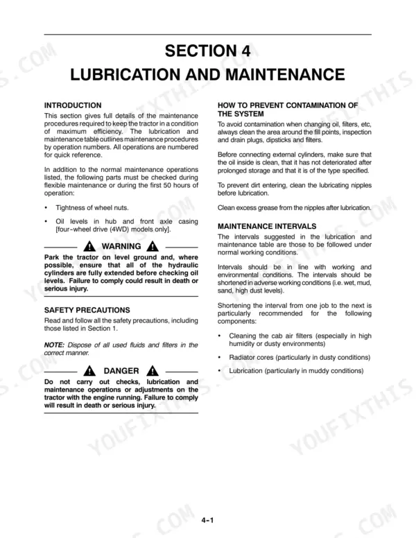 Case IH Farmall 75U-115U maintenance manual: lubrication and maintenance safety, contamination prevention, and interval guidelines.