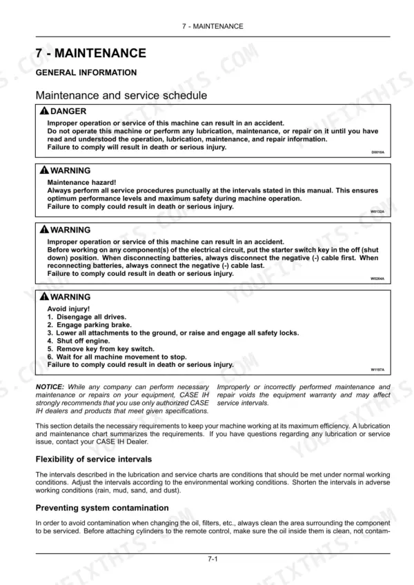 Case IH Farmall 110A–140A maintenance safety warnings, service intervals, and contamination prevention.