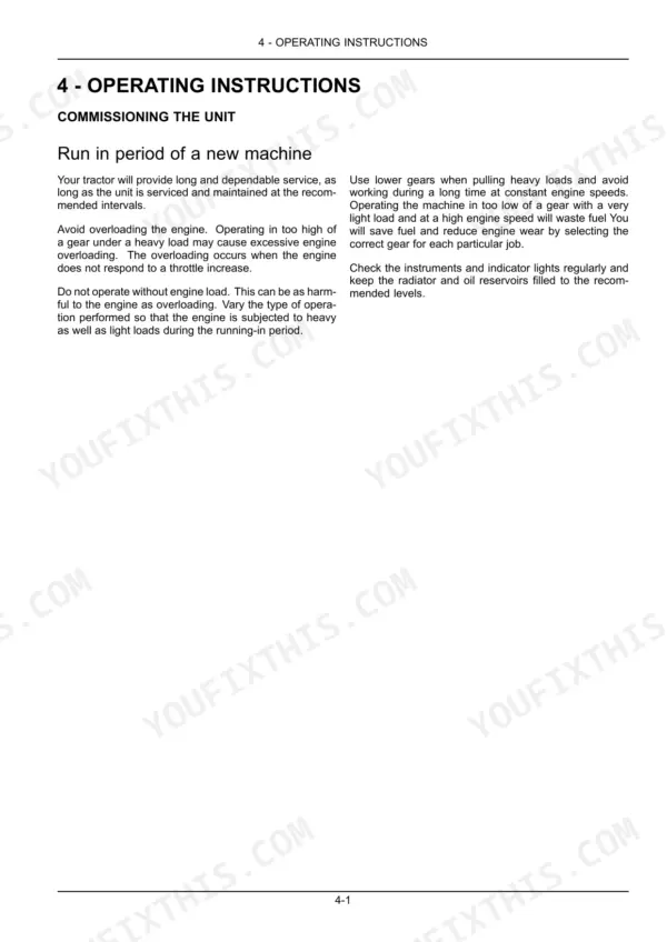 Case IH Farmall 110A–140A operating instructions for new machine run-in period and engine load guidelines.