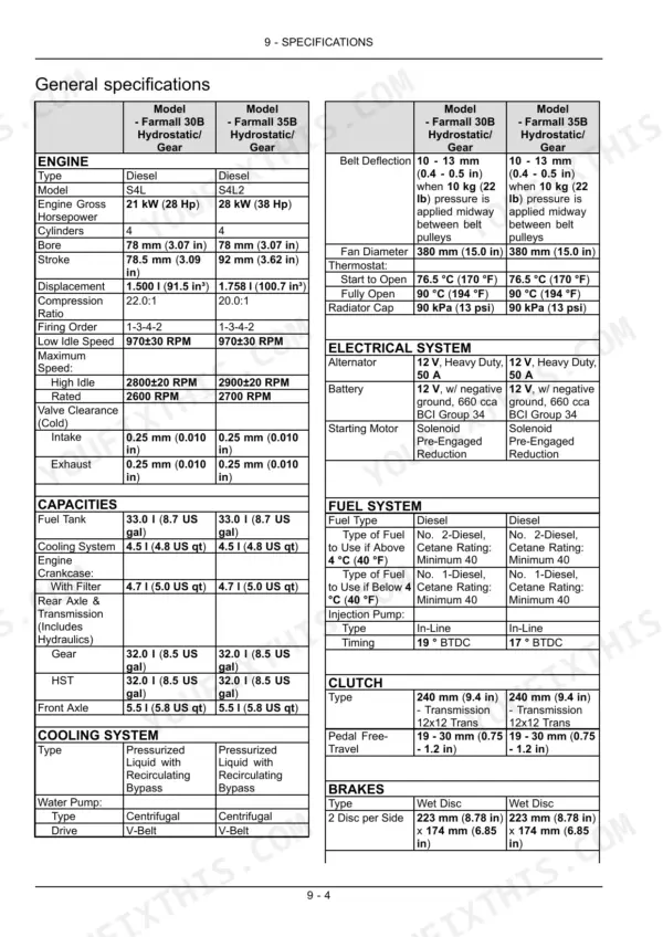 Case IH Farmall 30B, Farmall 35B general specifications table for engine, capacities, cooling, electrical, fuel, clutch, and brakes.