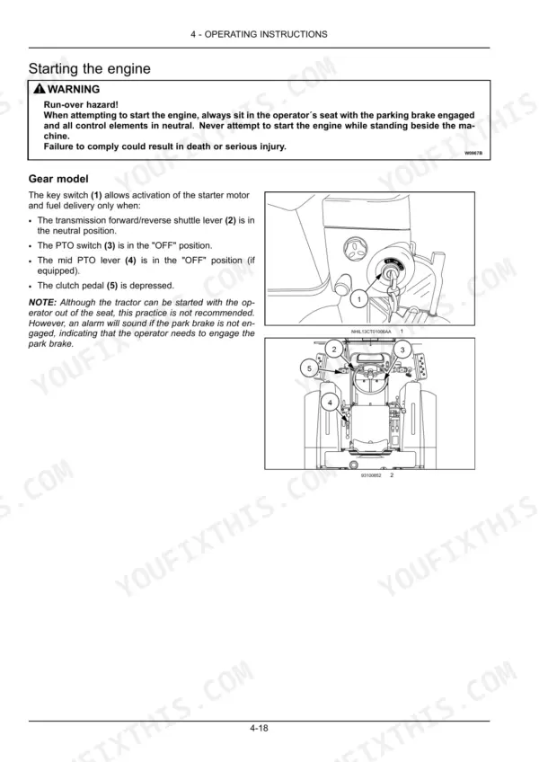 Case IH FARMALL 30C, FARMALL 35C engine starting procedure, key switch, shuttle lever, PTO, and clutch pedal diagrams.