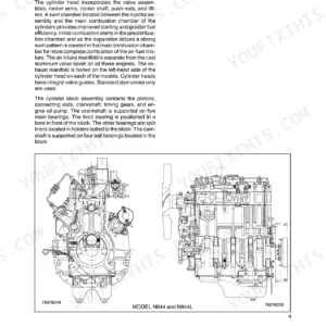 Case IH Farmall 40, 45, 50 engine cylinder head, valve train, and block cross-section diagrams for N844 and N844L models.