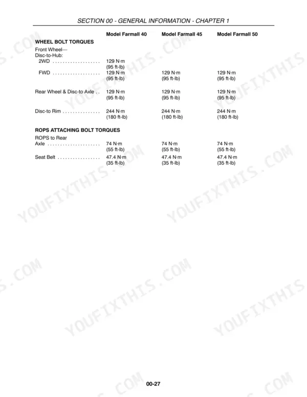 Case IH Farmall 40/45/50 wheel bolt and ROPS attaching bolt torque specification table.