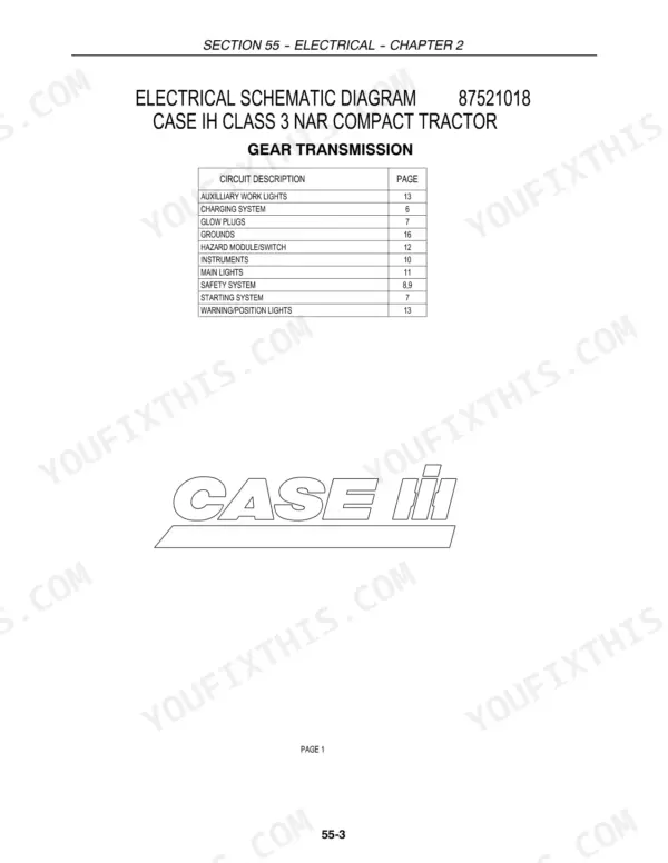 Case IH Farmall 40/45/50 electrical schematic index table for gear transmission systems.