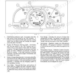 Case IH Farmall 40B, Farmall 50B instrument panel diagram and identification of gauges and warning lights.