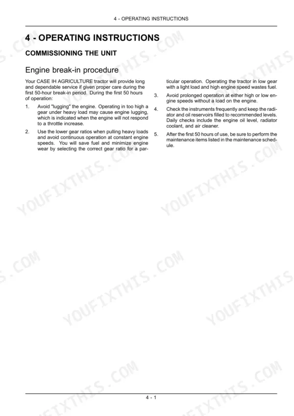 Case IH Farmall 40B, Farmall 50B operating instructions manual page detailing the 50-hour engine break-in procedure.