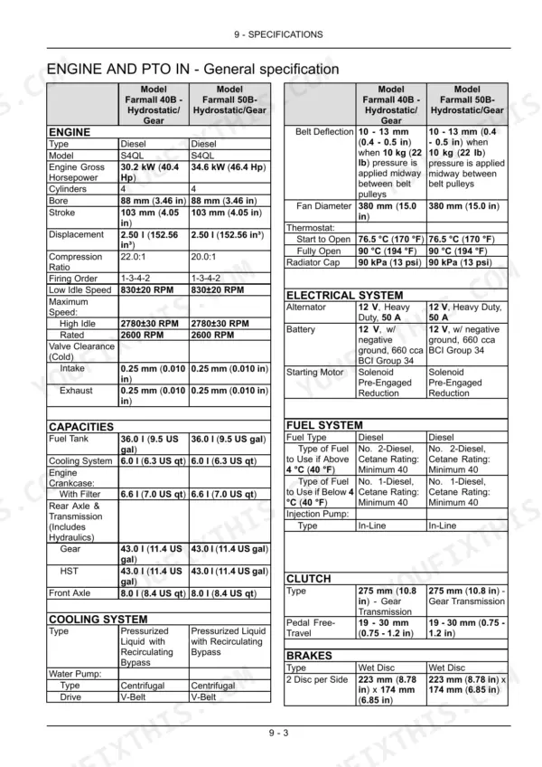 Case IH Farmall 40B, Farmall 50B engine, electrical, fuel, and cooling system general specifications table.