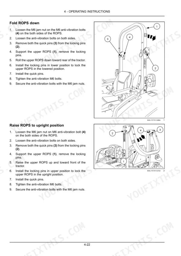 Case IH FARMALL 45C, FARMALL 55C procedures for folding and raising the ROPS safety frame with diagrams.