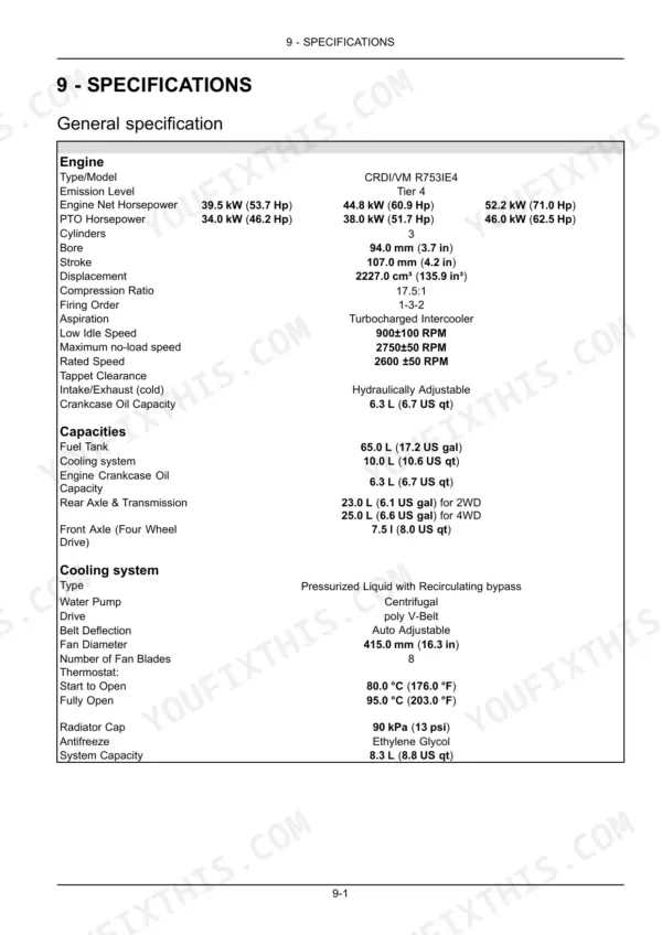 Case IH Farmall 50A-70A engine, capacity, and cooling system technical specifications table