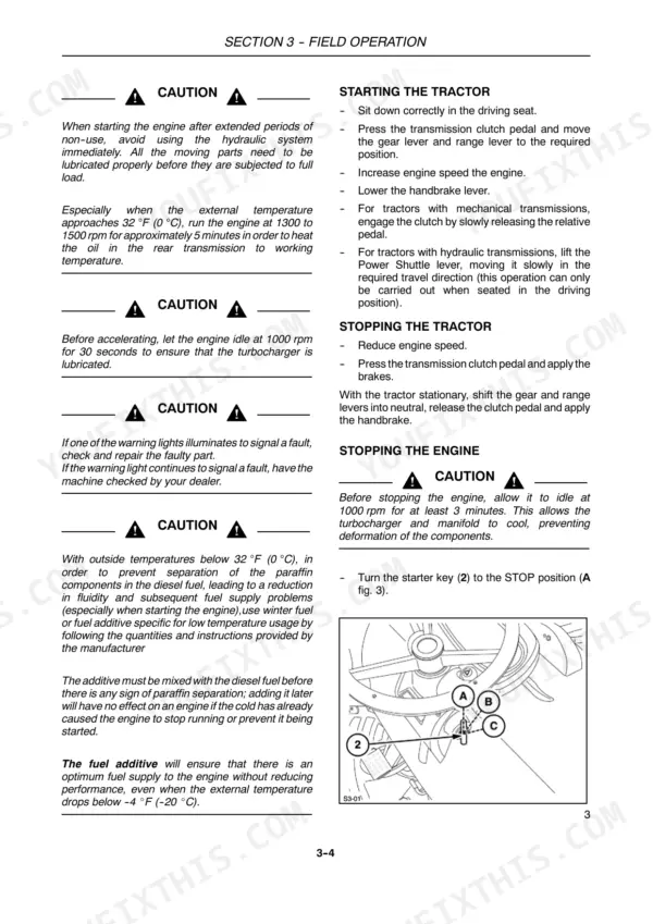Case IH Farmall 75C, Farmall 75 operator manual procedures for starting, stopping, and engine shutdown operations.