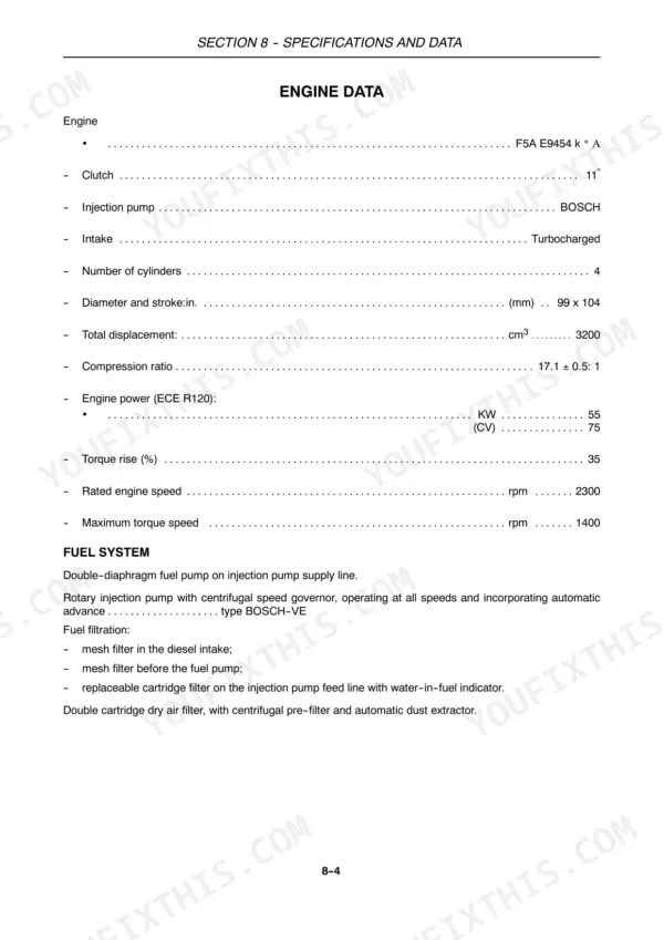 Case IH Farmall 75C, Farmall 75 engine data specifications table and fuel system component details.