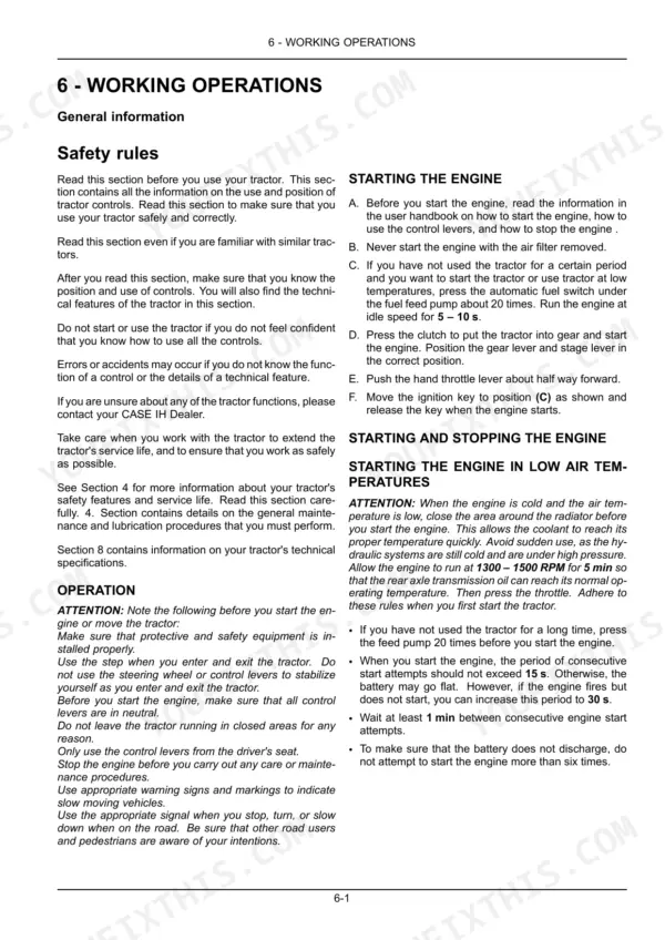 Case IH Farmall 55A-75A operator manual – working operations, safety rules, and engine starting procedures