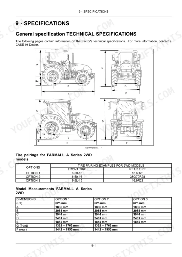 Case IH Farmall 55A-75A tractor dimension diagrams, 2WD tire pairing table, and model measurements