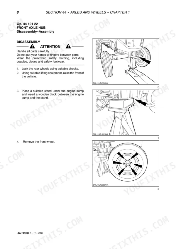 Case IH Farmall 55C 65C 75C front axle hub disassembly and lifting safety diagrams