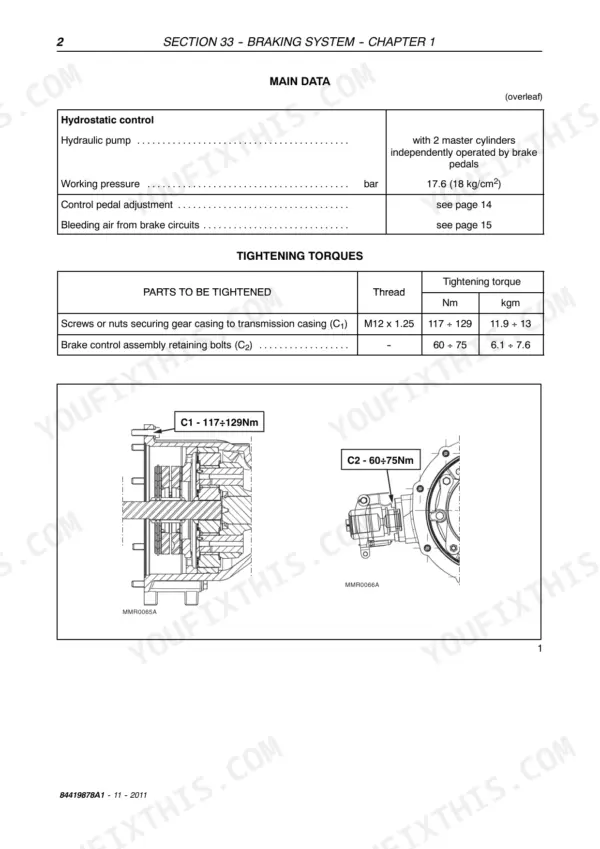 Case IH Farmall 55C 65C 75C braking system torque table and C1 C2 component diagrams