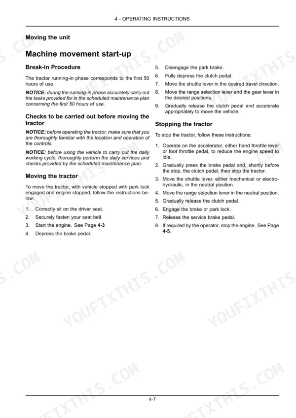 Case IH Farmall 80N-110N tractor operating instructions for start-up and stopping procedures.