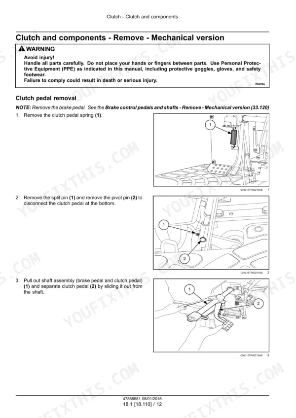Case IH Farmall 80JXM, 90JXM clutch pedal removal procedure with diagrams showing spring, pivot pin, and shaft assembly.