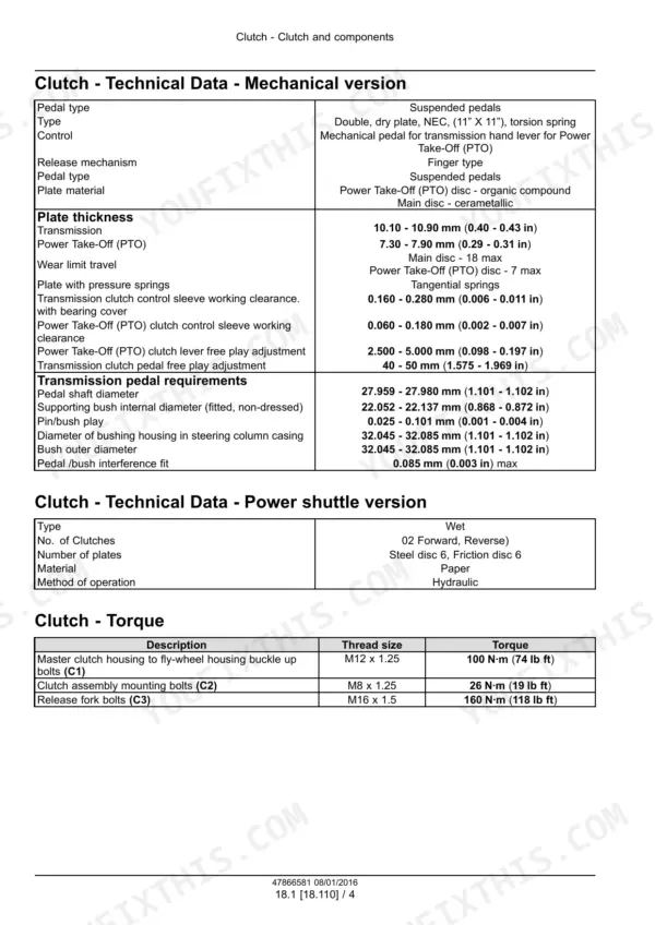 Case IH Farmall 80JXM, 90JXM clutch technical data, mechanical and power shuttle specs, and torque settings table.